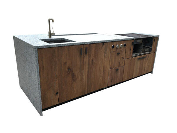 Outdoorküche Granit mit E-Teppanyaki Grill und Holzkohlegrill, 2800x1100x960mm